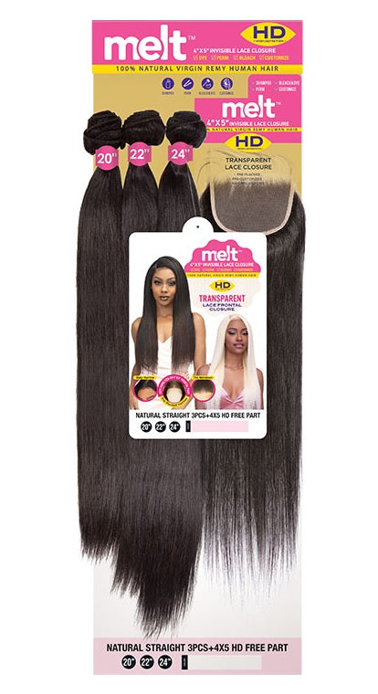 Janet Melt 100% Natural Virgin Human Hair - NATURAL STRAIGHT 3PCS+4x5 HD CLOSURE