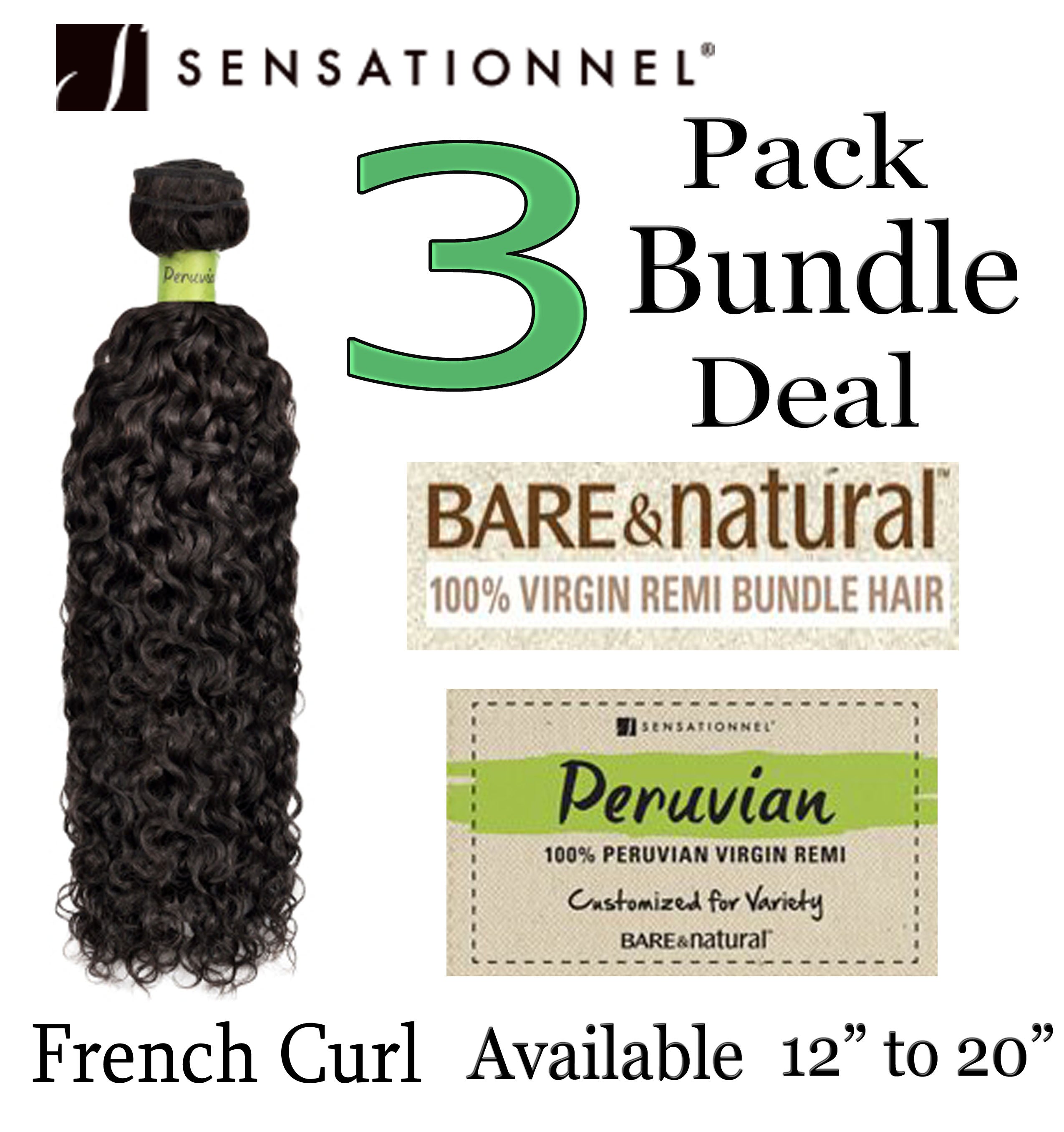 Sensationnel Bare & Natural Peruvian Virgin Remi FRENCH CURL Hair 3 Pa ...